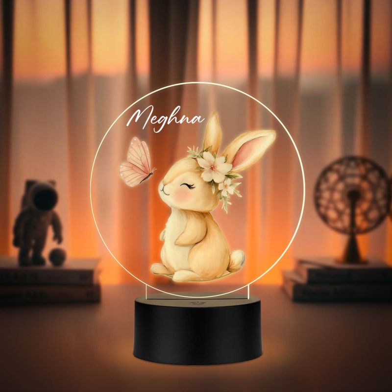 Personalized Bunny with Butterfly UV Print 3D LED Night Light – Warm White Birthday Return Gift for Kids